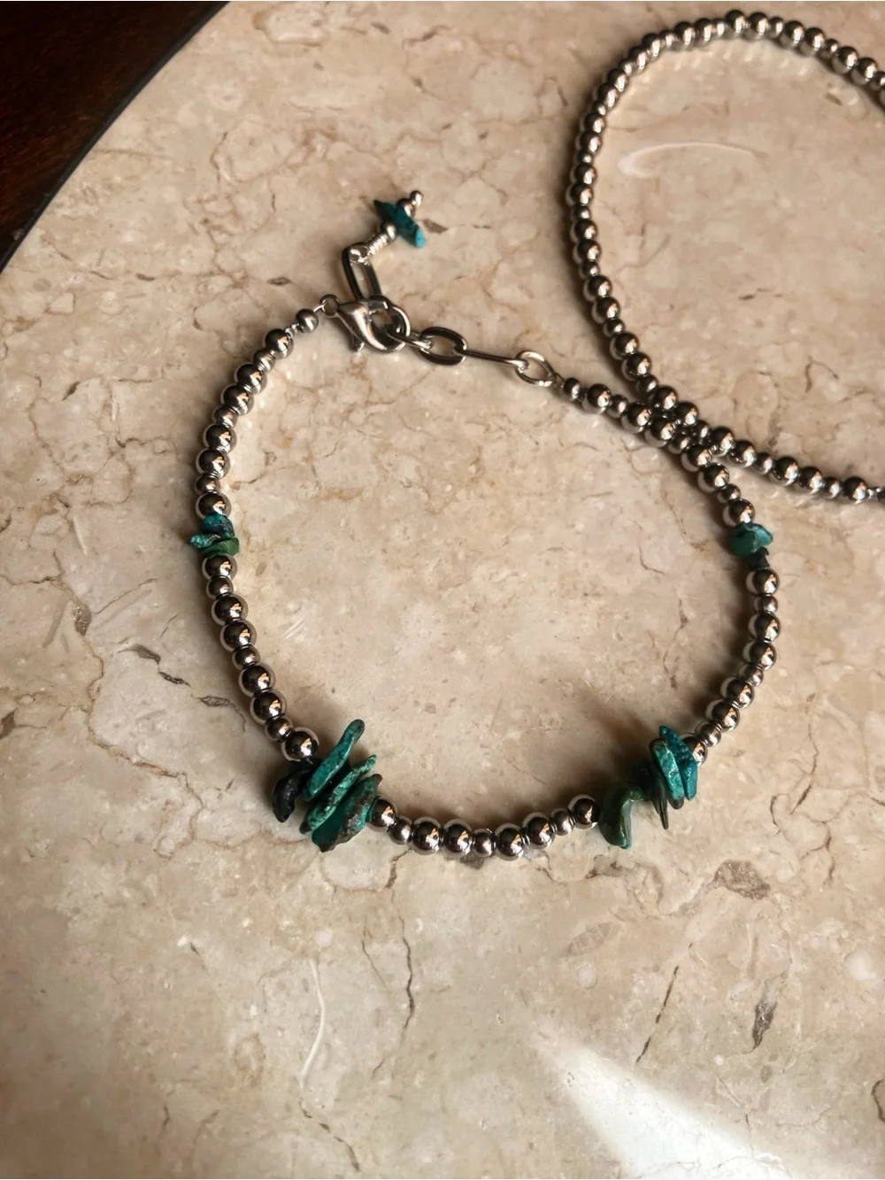 Stainless Steel Bead Bracelet Set with Turquoise Accent - Navajo Pearl Style - Picture 3 of 5